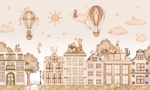 Cats lounging on the rooftops of a tall watercolour town, with balloons drifting past.