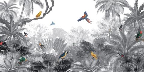 A dense jungle canopy of palms and parrots, drawn in soft greys. The monochrome treatment turns a lush scene into something quiet and architectural.