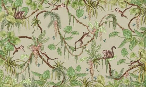 Monkeys swing through hanging vines and palm fronds in a lively all-over design, with flamingos and birds tucked among the leaves. Shown on a sage green ground. Busy in the best way, with something new to spot each time.