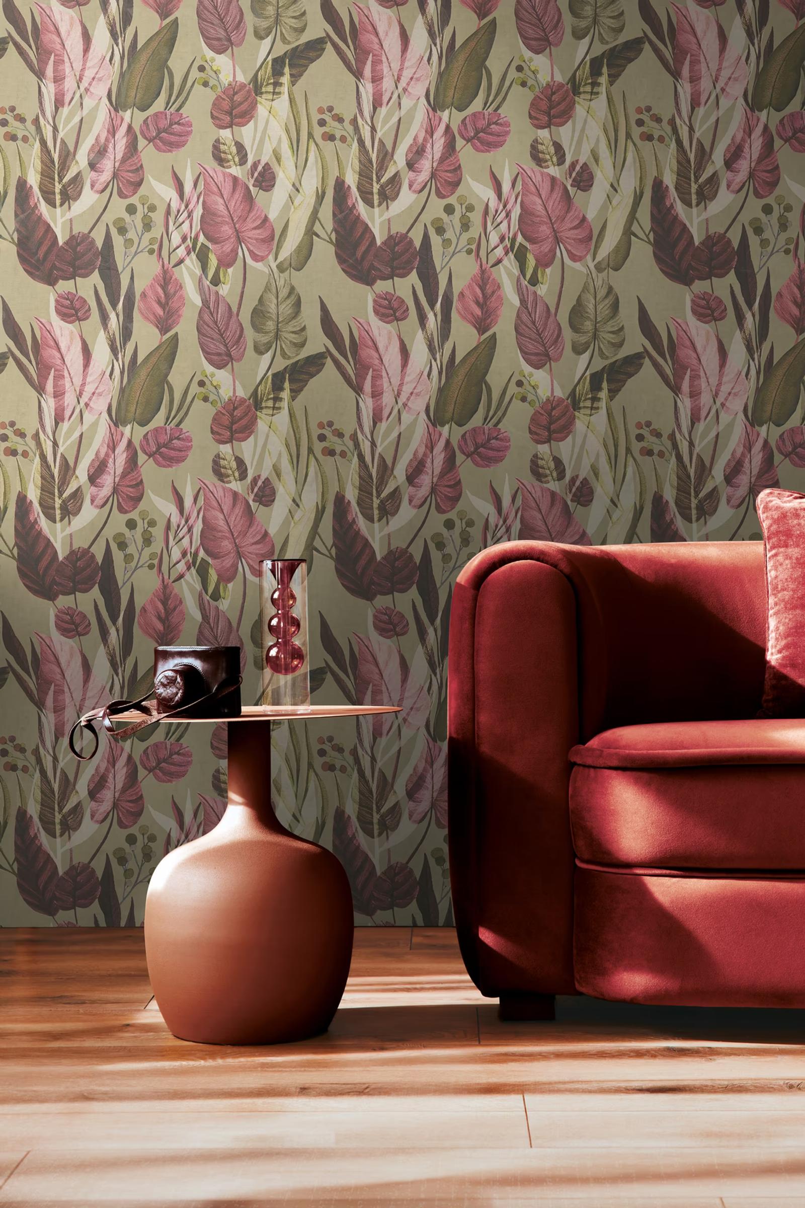 Mauve Foliage wallpaper beside a red velvet armchair