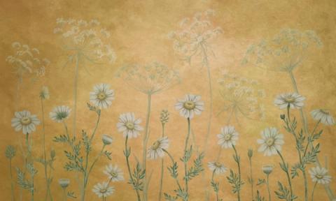 The same daisies and cow parsley over a warm ochre ground, which makes the white flowers read brighter. A generous, sunlit colour for a hallway or a dining wall.