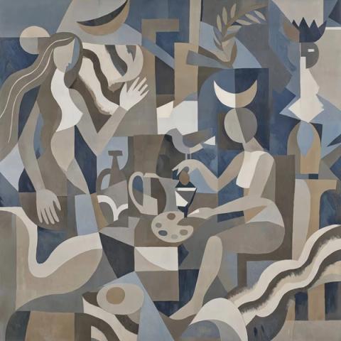 The tallest of the family: reclining figures, crescent moons and still life stacked upward in blue-grey and bone. Made for a wall with height to give.