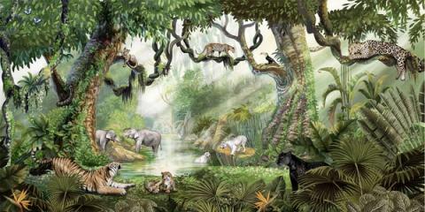 Leopards rest in a deep, lush jungle beside a winding river. Green and atmospheric, with the cats calm among the leaves.