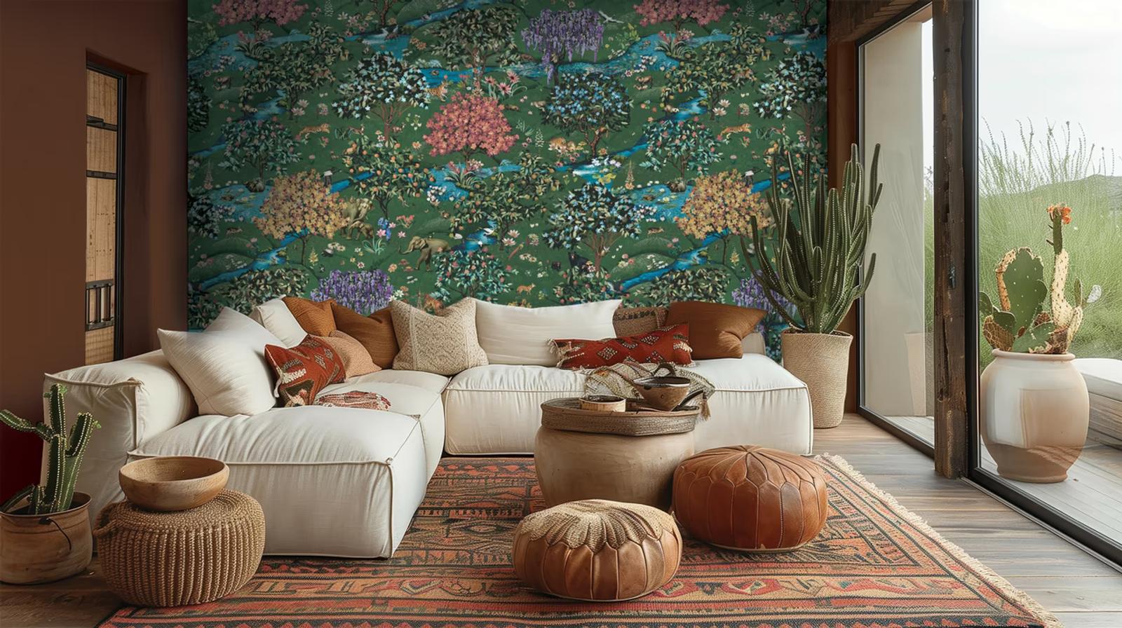 Cardamom Mountains Multi mural wallpaper behind a sofa