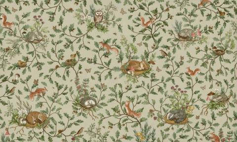 Woodland animals — rabbits, foxes and birds — dotted through leaves and berries in a fine all-over pattern. Shown on a sage green ground. Warm and storybook, it is a wall a child grows into.