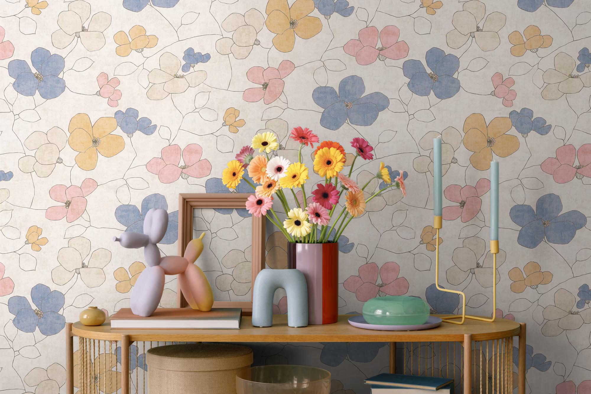 AS Création Nordic Feeling Cream Blossom wallpaper above a console table — Whiterose Design