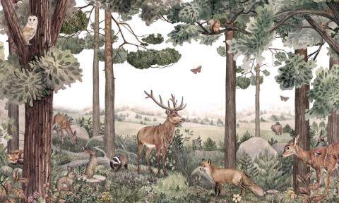 A light, layered forest of slender trees with deer and small animals moving through it. Soft and painterly, it settles a room rather than stirring it.