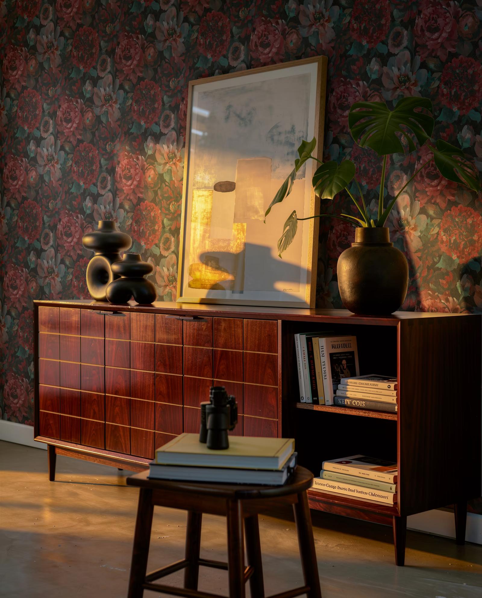 Black Peony wallpaper above a rosewood sideboard