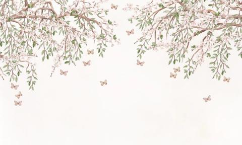 Blossoming branches hang from the top of the wall, dotted with butterflies over a soft blush ground. Airy and delicate, it dresses a room without filling it.
