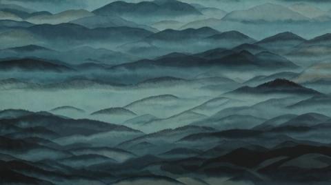Ranges of hills fold back into mist in deep teal and pine green. Cool and deep, it makes a small room feel as though it opens onto somewhere else.