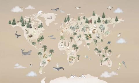 A world map carrying the animals of every continent, from pandas to penguins.