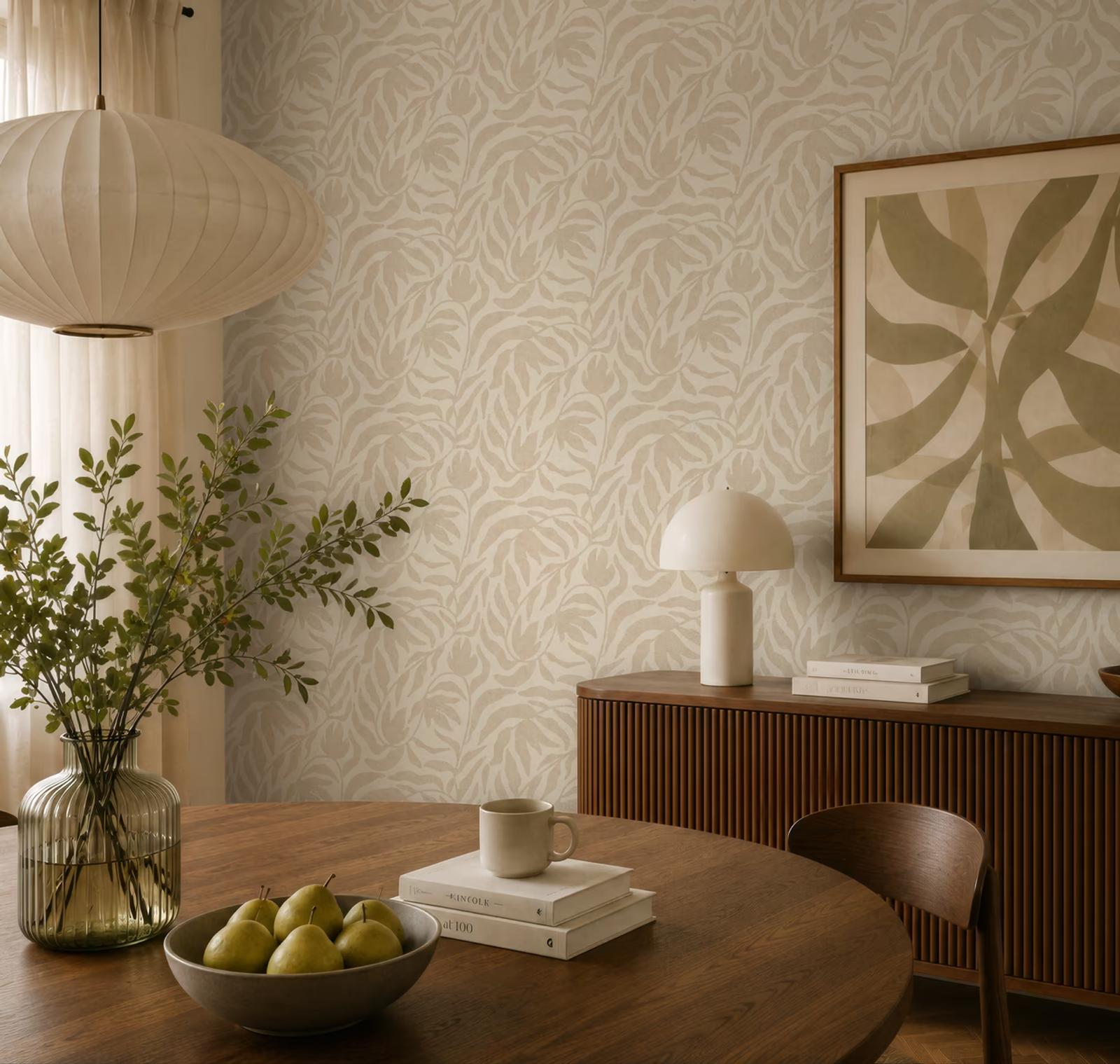 Blush Frond wallpaper behind a walnut sideboard and round dining table