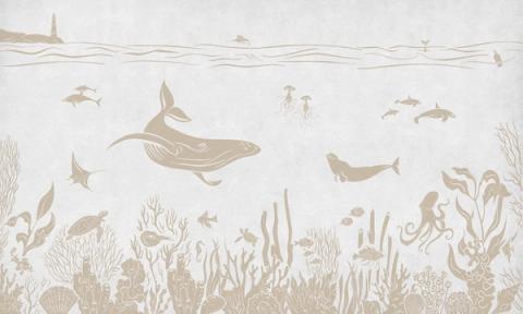 Whales, rays and little fish drift through a tonal underwater scene that lightens from the seabed up to the surface. Printed in a muted, vintage white. Peaceful and dreamy, made for a room you want to feel still.
