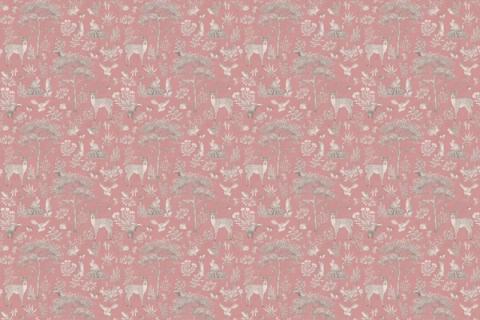 A storybook forest of trees, deer and toadstools drawn close together, here in a vintage pink palette. As a true repeat it tiles to fit any wall, whether as an all-over nursery paper or a single feature panel.