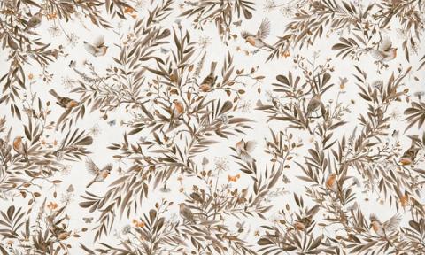 Robins and other small birds rest among ferns and slender foliage, drawn as a soft repeating spray. Shown in a softened vintage white palette. Gentle and green, it suits a nursery that leans natural rather than bright.