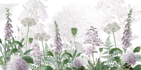 Foxgloves, alliums and ferns in lilac, plum and fresh green, standing clear against white. Drawn with a botanist's eye, so it stays crisp even across a wide wall.