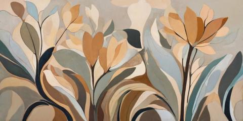 Tulip-like blooms and long leaves in muted teal, apricot and stone, painted in soft overlapping shapes. Gentle enough for a bedroom, pretty enough for a hallway.