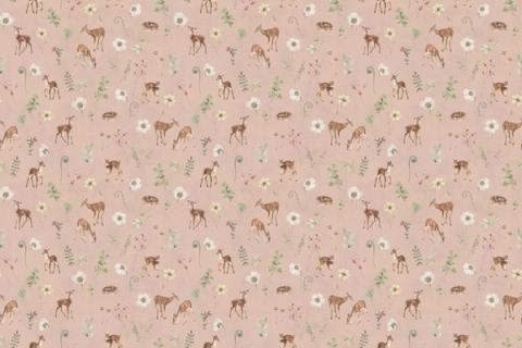 Fawns and deer stepping lightly among leaves and flowers, here on a dusky pink ground. As a true repeat it tiles to fit any wall, whether as an all-over nursery paper or a single feature panel.
