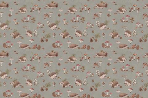 Hedgehogs, mushrooms and leaves dotted through a cosy design, here on a taupe ground. As a true repeat it tiles to fit any wall, whether as an all-over nursery paper or a single feature panel.