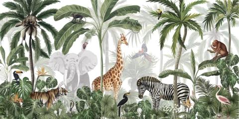 Palms and safari animals massed into a lush green wall of jungle. Full and immersive, made to wrap a room in greenery.