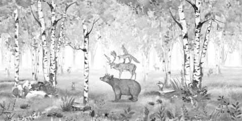 A great bear stands in a birch forest with smaller animals stacked upon its back, like a woodland version of an old fable. In black and white it feels graphic and timeless.