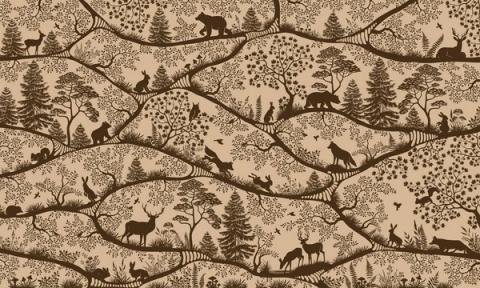 Deer, bears and foxes in fine silhouette along winding branches.
