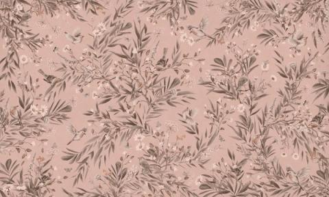 Robins and other small birds rest among ferns and slender foliage, drawn as a soft repeating spray. Shown as a single-tone print in dusky pink. Gentle and green, it suits a nursery that leans natural rather than bright.