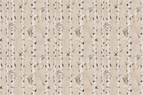 Slim birch trunks with owls and small woodland creatures nestled between them, here on a warm beige ground. As a true repeat it tiles to fit any wall, whether as an all-over nursery paper or a single feature panel.