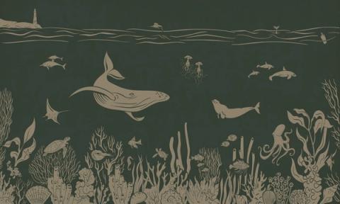 Whales, rays and little fish drift through a tonal underwater scene that lightens from the seabed up to the surface. Printed in a muted, vintage green. Peaceful and dreamy, made for a room you want to feel still.