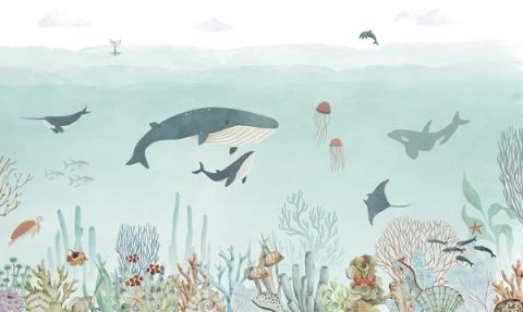 A great whale and her calf glide over a coral reef with rays and turtles.
