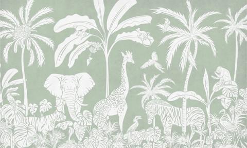 Palms, elephants, giraffes and other jungle animals massed into a tonal silhouette, layered from a darker sky down to a light forest floor. Printed in a single tone of gentle green. Detailed up close, yet soft enough to sit quietly behind a cot.