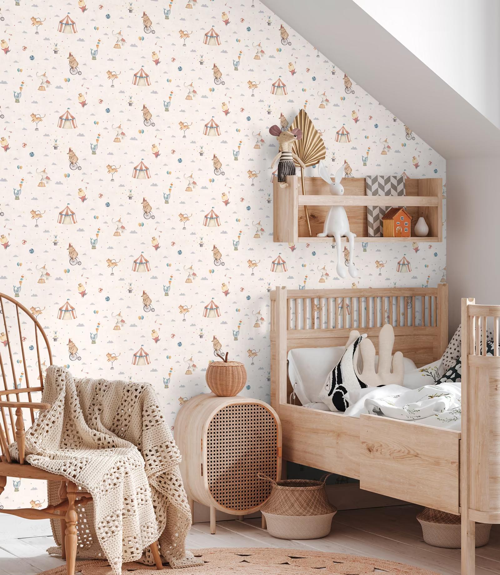 Circus Parade wallpaper in an attic bedroom with a wooden bed