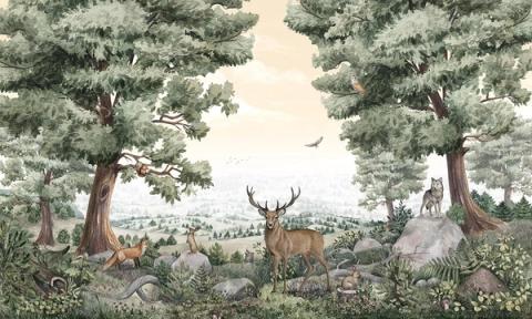 Great trees frame a misty vista with a stag and a wolf below. Deep and atmospheric, it gives a small room a sense of distance.