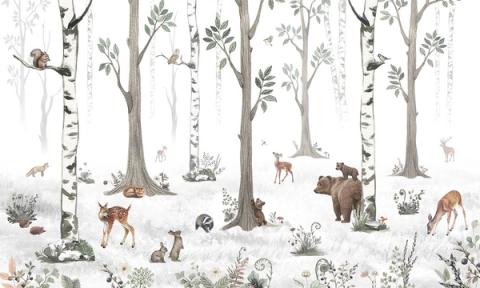 A light forest of pale trees with monkeys, a bear and deer drawn softly against white. Airy and calm, it makes a small room feel bigger.