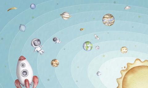 A rocket, astronauts and planets tracing their orbits around a golden sun.