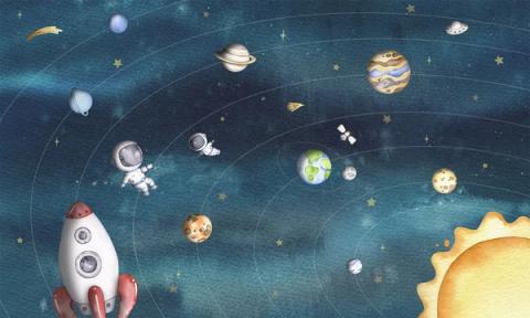 A rocket, astronauts and planets tracing their orbits around a golden sun.