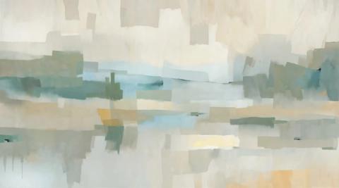 Pale water and low banks dissolve into a cream sky in blocks of loose colour. Barely there, in the best way, for a room that needs calm.