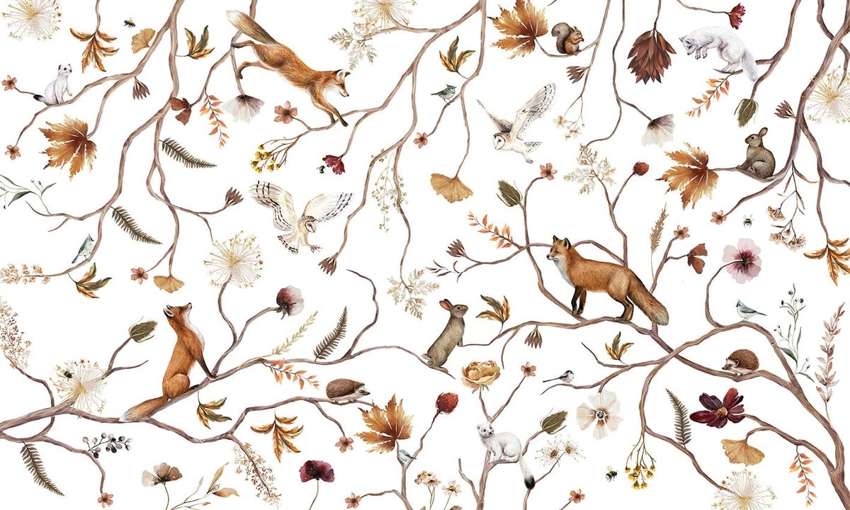 Foxes and autumn leaves scattered along fine winding branches on a clean white ground