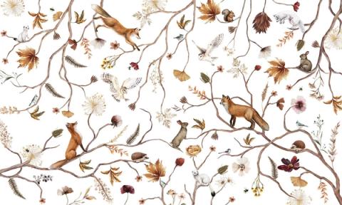 Foxes and autumn leaves scattered along fine winding branches on a clean white ground. A light all-over scene that feels like a delicate hand drawing.