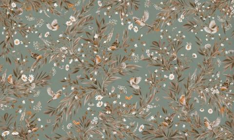 Robins and other small birds rest among ferns and slender foliage, drawn as a soft repeating spray. Shown in a softened vintage green palette. Gentle and green, it suits a nursery that leans natural rather than bright.