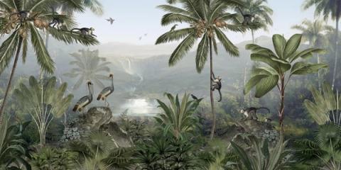 Monkeys move through the palms above a green valley, with cranes on the water below and hills fading into mist. Deep and quiet, with more to find the longer you look.