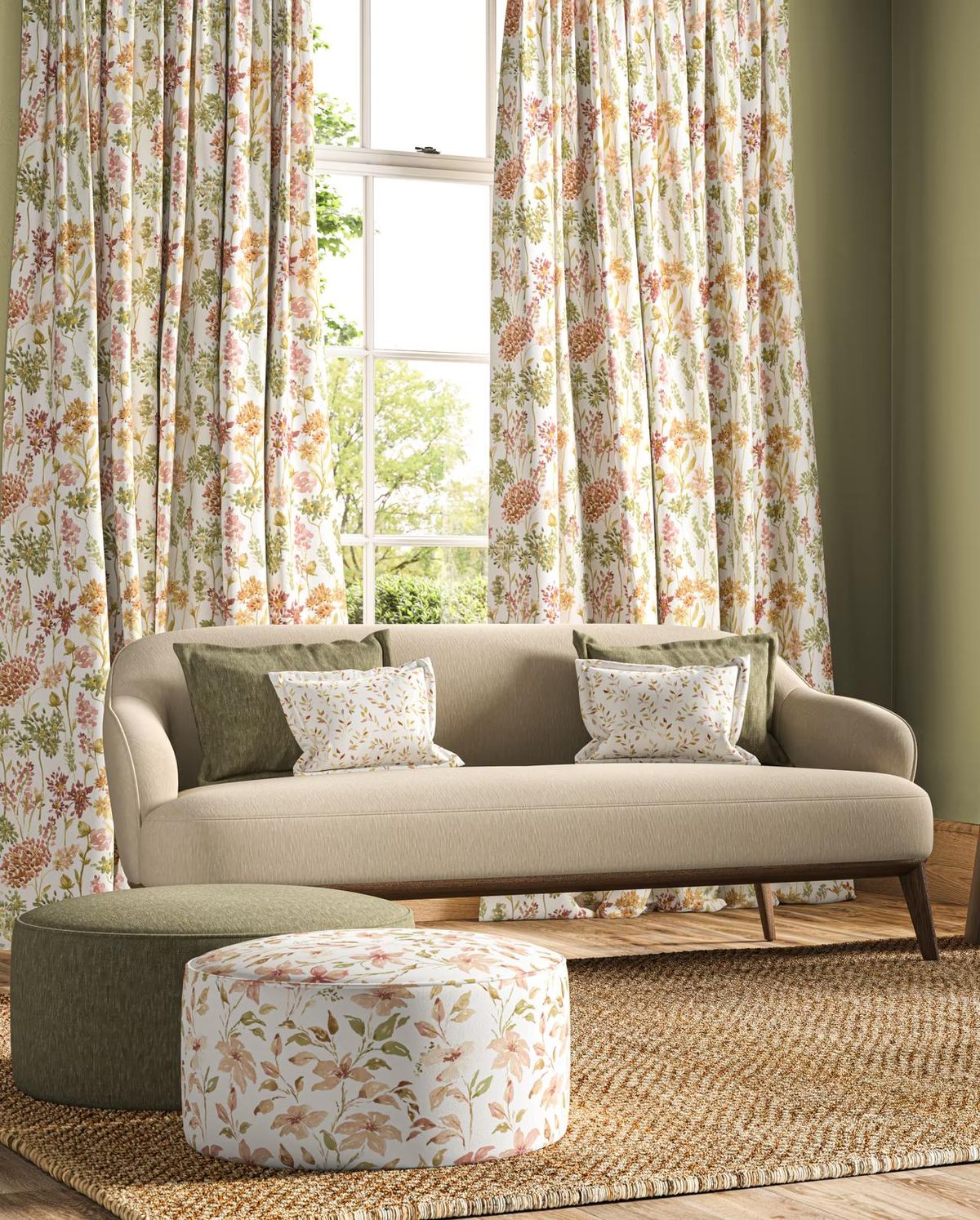 Watercolour floral curtains hanging in pleats at a window, above a cream sofa with floral cushions