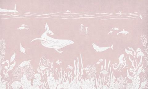 Whales, rays and little fish drift through a tonal underwater scene that lightens from the seabed up to the surface. Printed in a single tone of dusky pink. Peaceful and dreamy, made for a room you want to feel still.