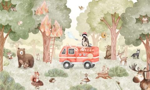 A little red fire engine races through the woods while the animals cheer it on.
