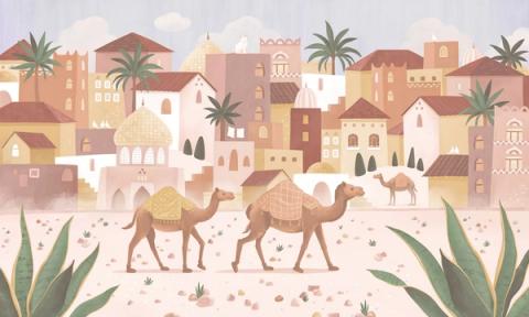 Camels cross the sand before a terracotta desert town of domes and palms.