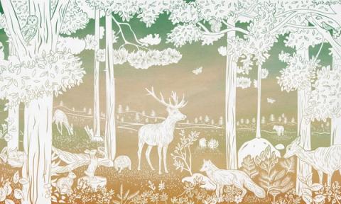 A quiet forest of slender trees with a stag at its heart and small animals in the undergrowth, printed as a single gentle tone. Printed in gentle green, with a softly coloured sky behind. The soft, almost misty finish keeps a whole wall feeling restful rather than busy.