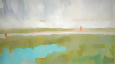 A wide green field meets pale water and a washed-out sky, with one small mark of orange for warmth. Loose brushwork, nothing sharp anywhere.