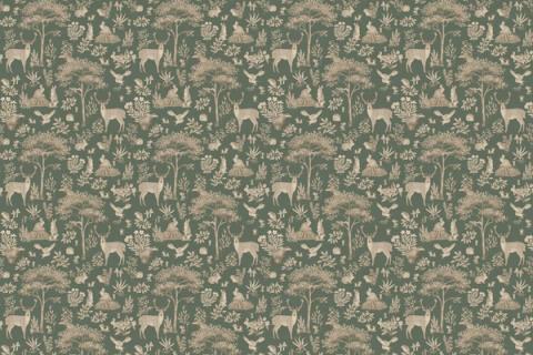 A storybook forest of trees, deer and toadstools drawn close together, here in a vintage green palette. As a true repeat it tiles to fit any wall, whether as an all-over nursery paper or a single feature panel.