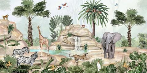 A jungle oasis with a waterfall, an elephant and big cats among rocks and palms. Rich and detailed, a proper adventure of a wall.