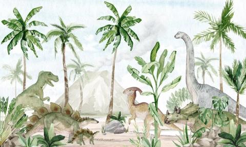 Gentle watercolour dinosaurs among palms and banana leaves, beneath a distant volcano.